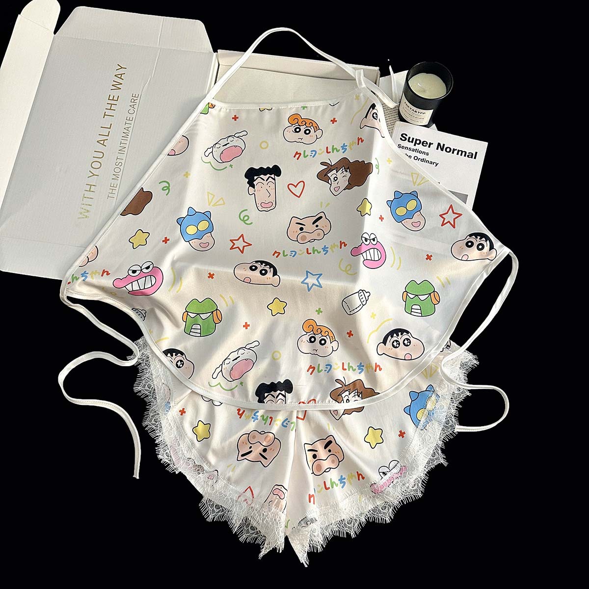 Summer Sexy Ice Silk Cartoon Hanging Neck Strap Belly Lace Shorts Cool Pajamas Home Clothes suit