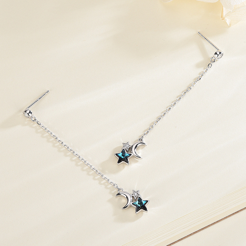 1 Pair Fairy Style Star Moon Chain Inlay Sterling Silver Zircon Drop Earrings display picture 3