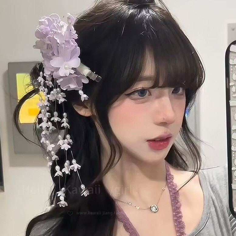 新しい中国風の森のスズランの花のタッセルヘアピンブライダルパープルヘアアクセサリーサイドクリップインターネット有名人の写真誇張アクセサリー|undefined