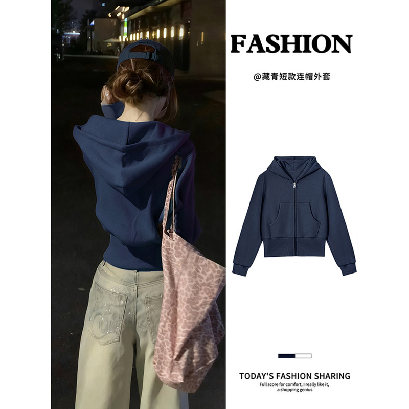 Navy Blue Right Shoulder Sweatshirt Jacket, Short Women's Hooded Waist Slimming Top, Great for Early Autum Korean Style Wear