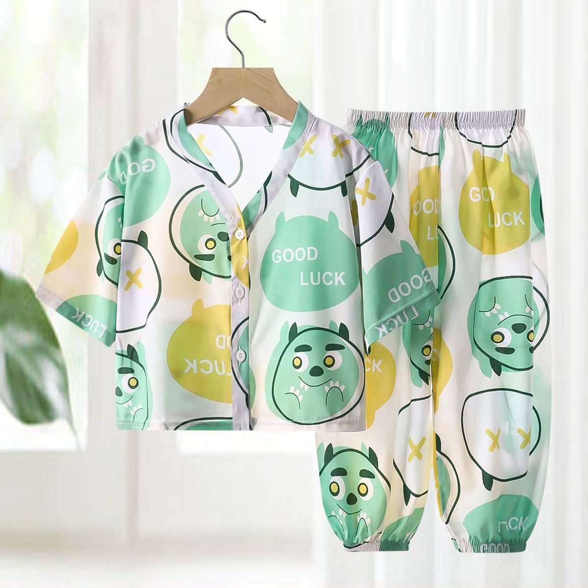 Pajamas de seda de algodón para niños, ropa de aire acondicionado de algodón artificial de verano, ropa para niños y niñas, ropa para el hogar de seda de algodón, dos juegos de ropa infantil