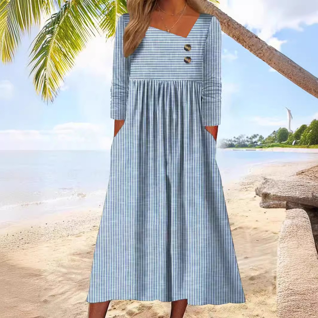 2023 autumn new European and American cross-border Amazon foreign trade popular casual loose loose striped long sleeve dress