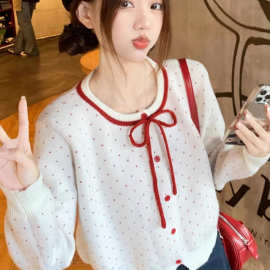 2025秋薄款女装针织衫上衣外套蝴蝶结波点撞色长袖宽松针织开衫女
