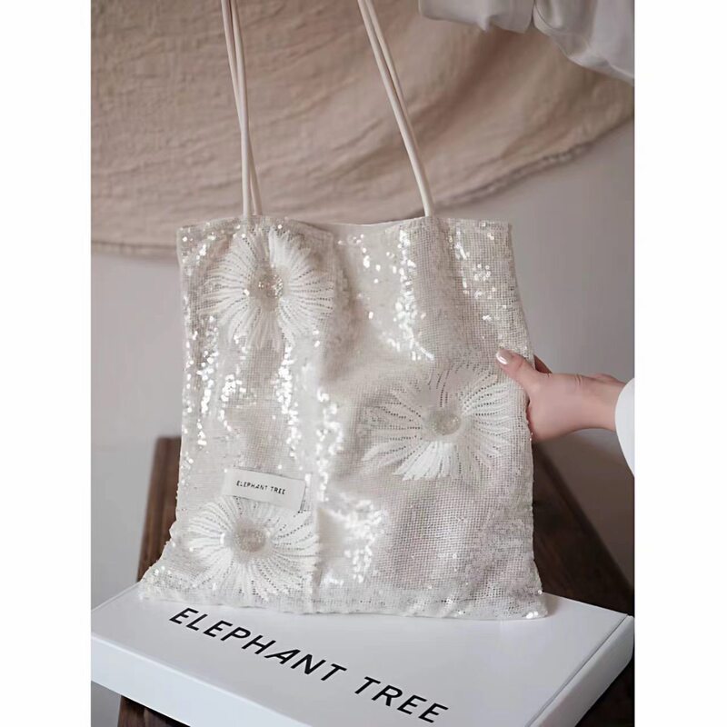 Fashionable White Daisy Sequin Versatile Women's Shoulder Bag, Commuter Canvas Bag, Large Capacity Niche Bag, Women's Bag