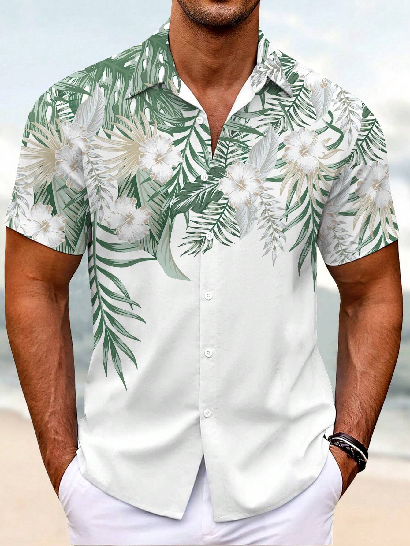 Ropa de hombre de comercio exterior de estilo europeo y americano 2024 nueva camisa de manga corta con patrón de árbol de coco de moda casual de todo fósforo MB1