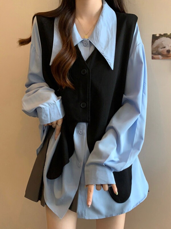 High-end blue vest shirt for women, early autumn, plus size, mid-length, covers the hips, two-piece set top