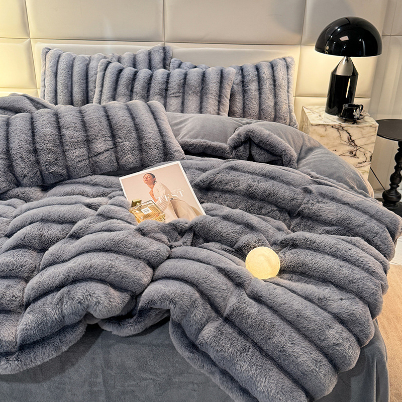 Juego de cuatro piezas de felpa de conejo de terciopelo de leche, terciopelo de coral de invierno, sábana gruesa y cálida, funda de edredón, franela, felpa de doble cara