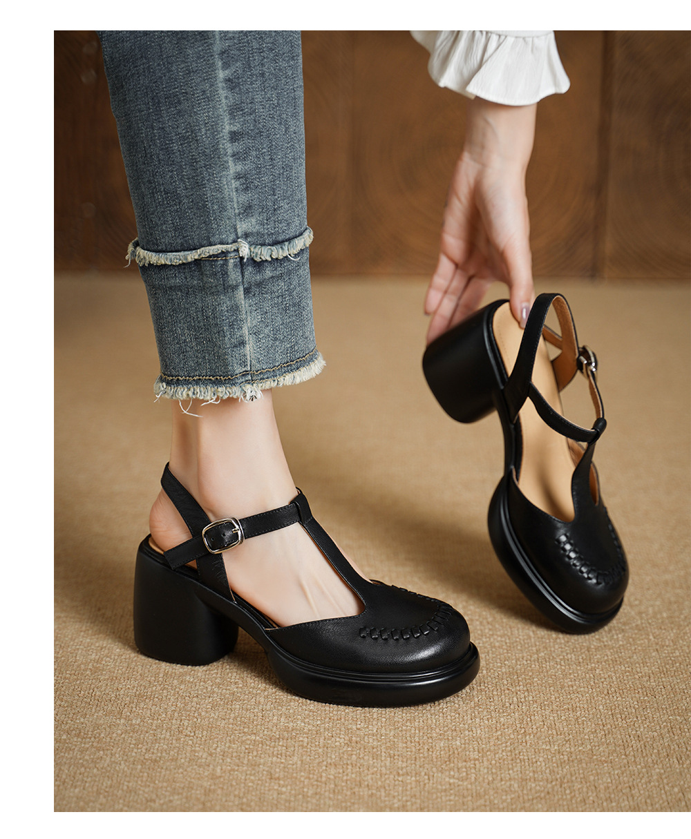Sandal cao gót nữ quai ngang mũi nhọn da bò thật, gót 8 cm đế dày — đen chi tiết 7