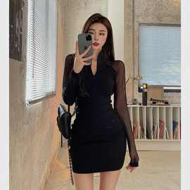 秋季御姐风连衣裙女气质网纱拼接长袖包臀裙子纯欲紧身性感小黑裙