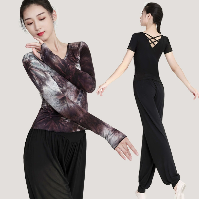 Танцевальная тренировочная одежда Женские квадратные танцы Новый стиль Танцевальный Топ Черные танцевальные брюки Женские тренировочные фонарики Брюки для современных танцев