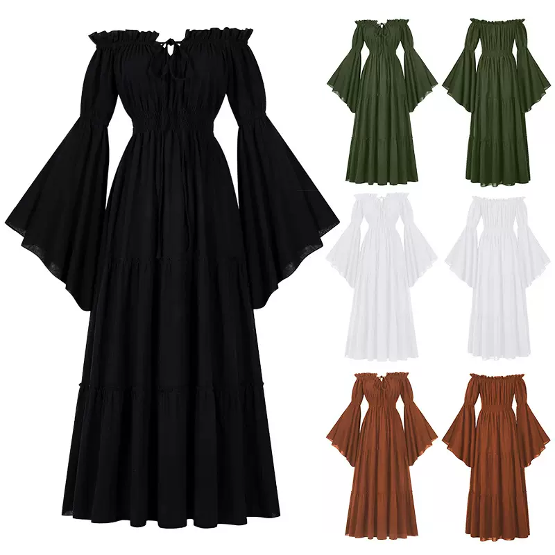 2024圣诞节服装中世纪复古宫廷装女连衣裙一字肩喇叭袖收腰
