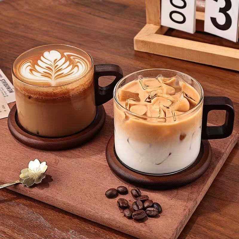 Taza de vidrio de alta temperatura de alto silicio de silicio, taza de alta calidad, taza de agua de alto valor, taza de café de madera de latte americana