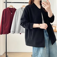 2025大码女装秋季新款简约纯色棒球服外套200斤胖MM夹克开衫8403