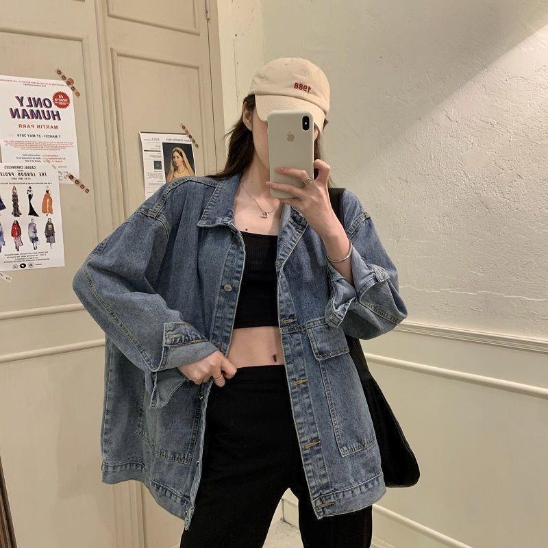 Abrigo de mezclilla para estudiantes mujeres primavera y otoño estilo coreano nuevo abrigo suelto BF versátil Bolsillo grande medio-longitud ropa de trabajo superior