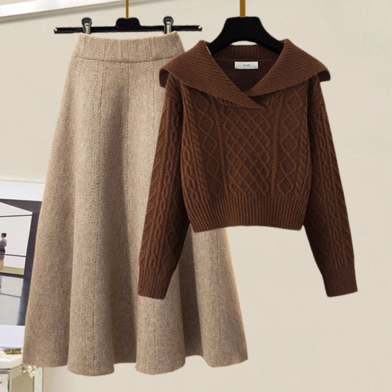 今年流行漂亮套装秋季海军领学院风短款针织衫女半身裙子两件套冬