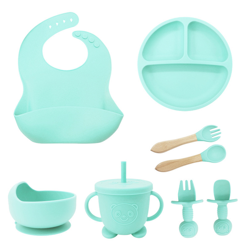 Eight-piece set (115g Bib + suction cup + bowl + straw cup + wooden fork spoon + bear fork spoon): Mint Green