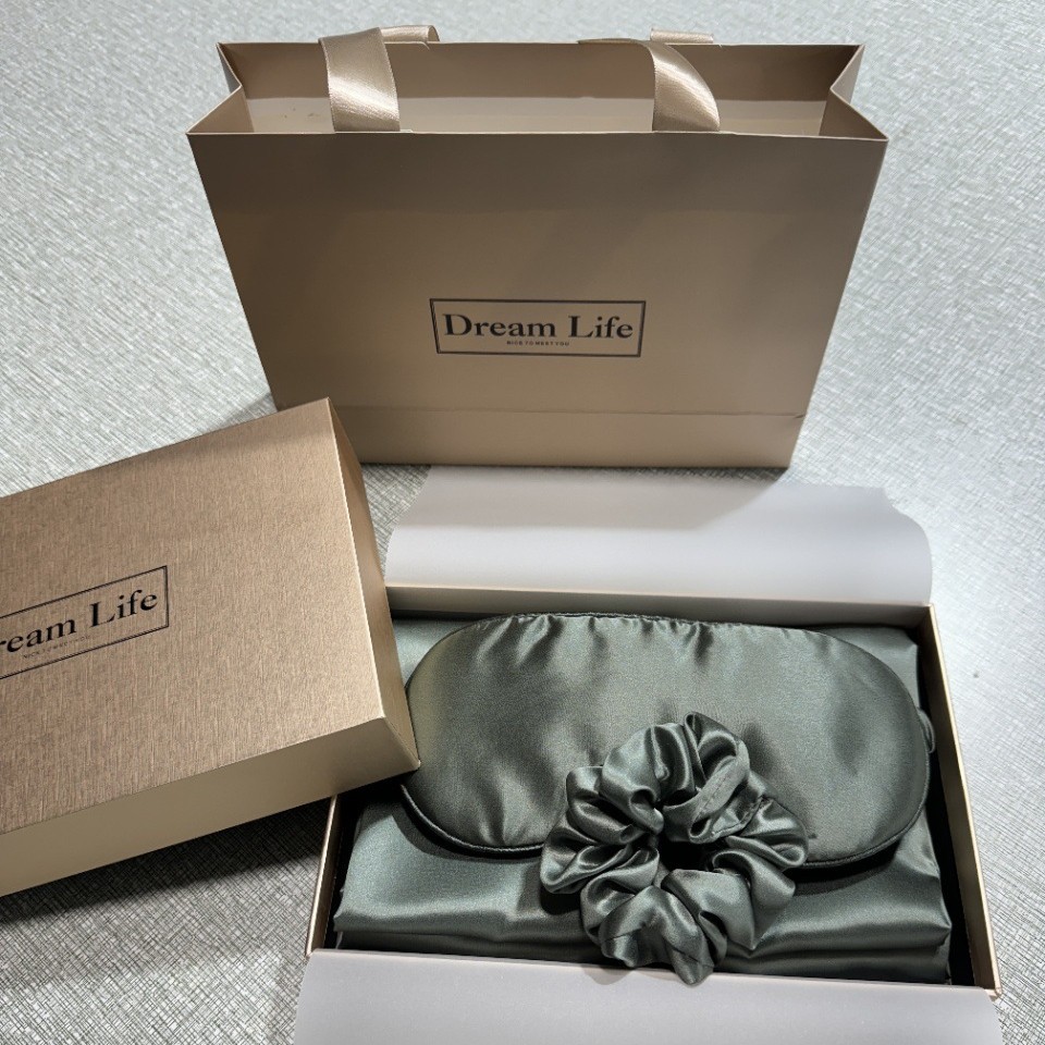 Regalos de alta gama, almohada de seda de alta calidad, cubierta de ojos, anillo de cabello, caja de regalo de seda, 100% seda de morera, conjunto de tres piezas