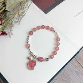 简约925银银珠弯管鸽血红草莓晶手串桃花狐狸吊坠手链ins汉服饰品