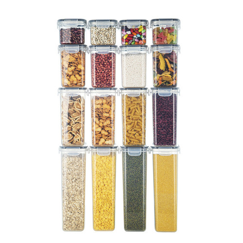 Sealed Canister, Plastic Food Container, Storage Jar, Organizer for Grains, Cereals, Kitchen Snacks, and Refrigerator—16-Piece Set