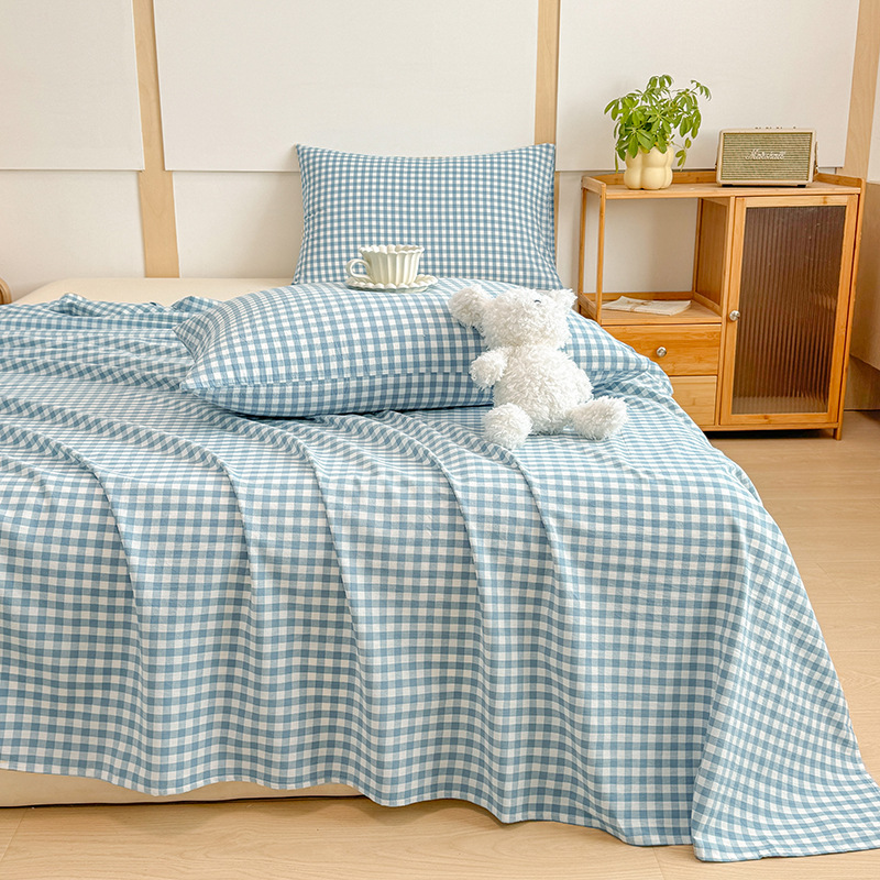 Sábana de algodón lavado de algodón de una sola pieza de algodón 100 dormitorio de estudiantes edredón de celosía individual funda de almohada de tres piezas 3