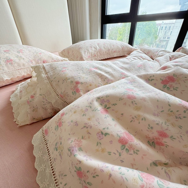 法式小碎花全棉双层纱四件套韩式纯棉花边被套床笠1.8m床品三件套|undefined