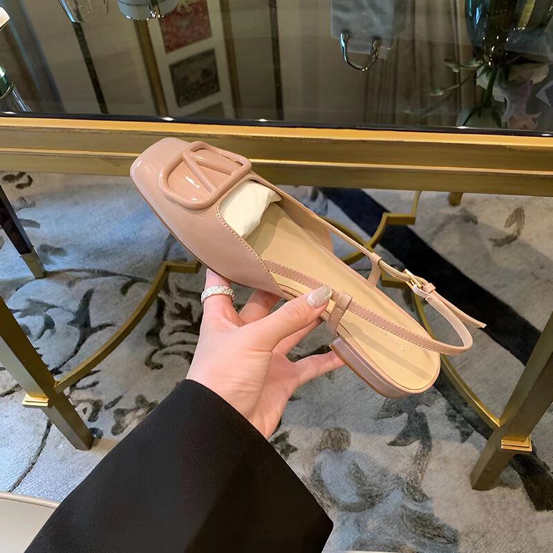 Genuine Leather ~ Square Head V-Buckle Chipped Men's Flat High Heels Women's 2024 Summer New Rear Empty Heel Sandals Commuter Shoes