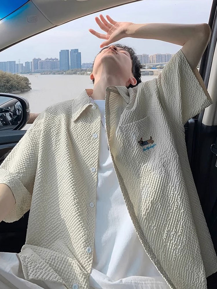 Seersucker Quick-Drying Short-Sleeved Shirt Men's Summer Thin Dachshund Embroidered Lapel Shirt Youth Half-Sleeved Jacket
