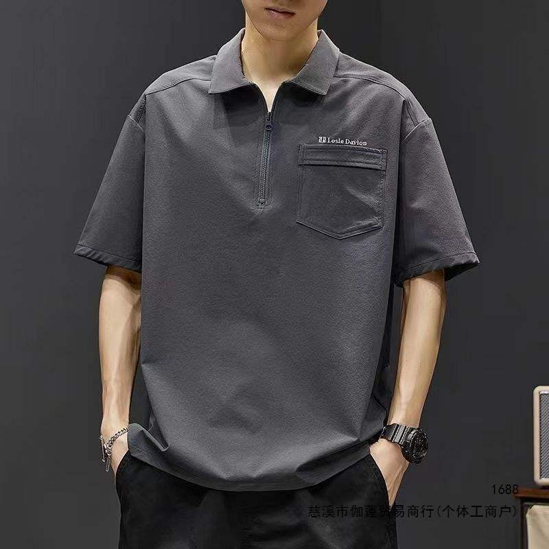 Men's short-sleeved polo shirt, loose fit, shirt collar, workwear t-shirt, casual Japanese style, ice silk quick-drying summer style.