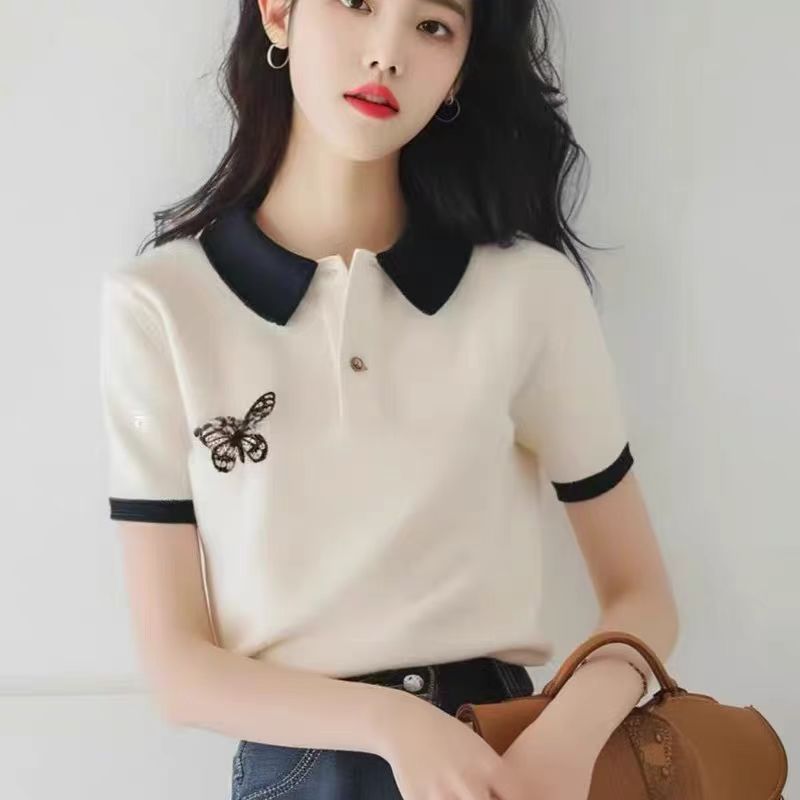 Áo thun nữ cổ polo tay ngắn trắng đơn giản họa tiết bướm — Màu trắng chi tiết 2
