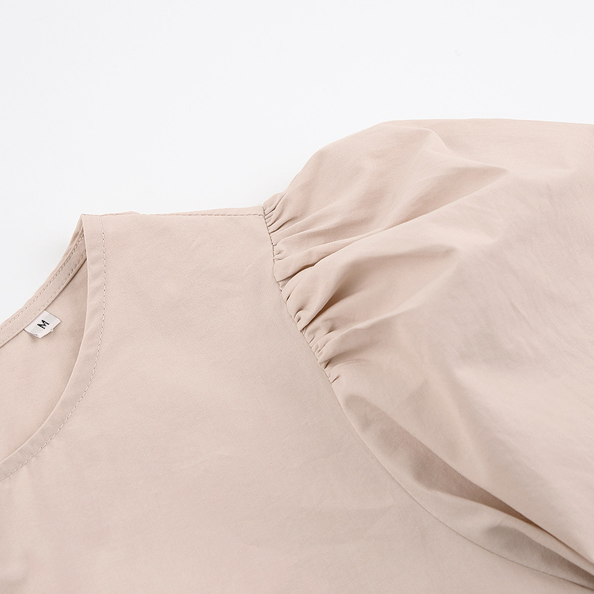 2021 Spring and Summer New  Graceful Puff Sleeve round Neck Half Sleeve Cotton Loose Khaki Dress in Dresses