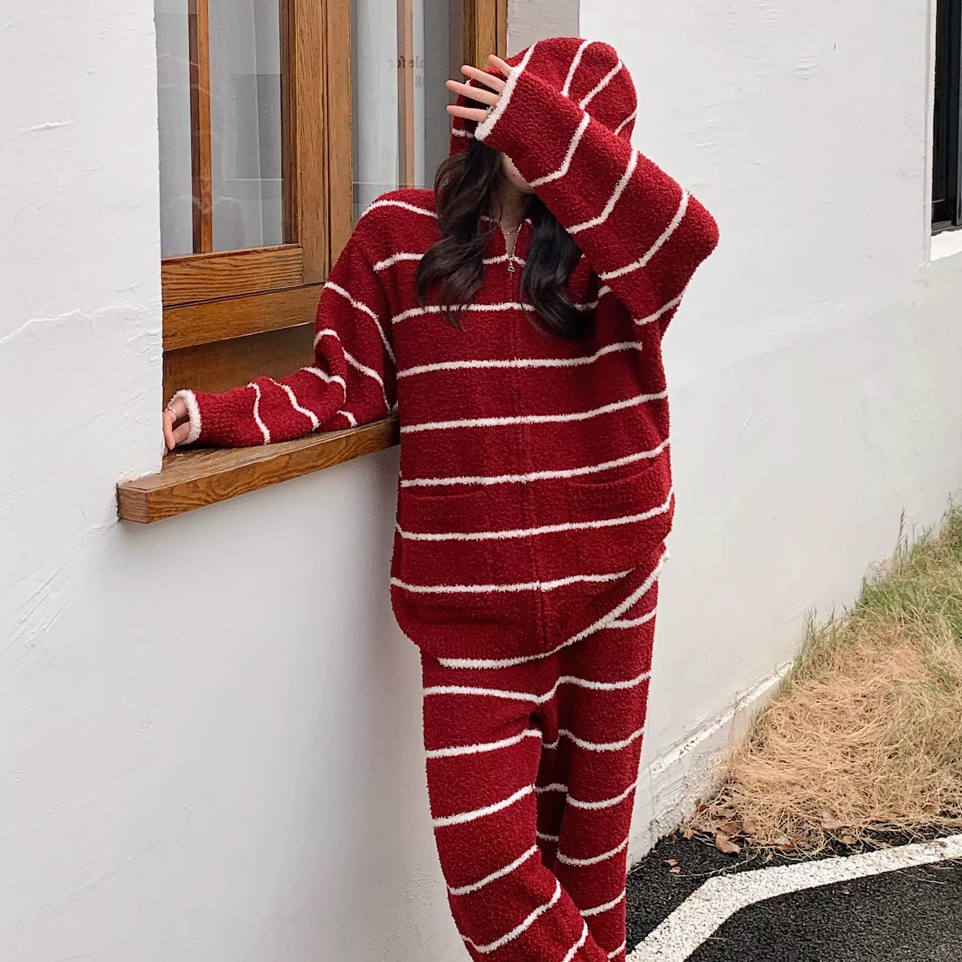 半边绒冬季睡衣套装连帽撞色条纹显瘦加绒加厚保暖家居服两件套女