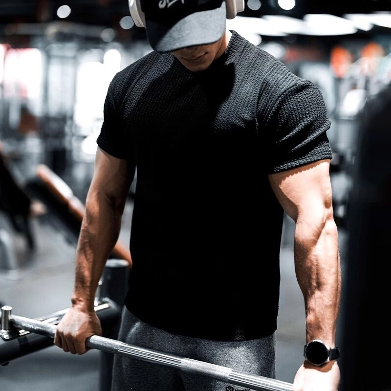 Summer Sports Fitness Short-Sleeve Men's Textured Ribbed Cuff Quick-Dry T-Shirt Muscle Elastic Slim-Fit Crew Neck Shirt Summer Sports Fitness Short-Sleeve Men's Textured Ribbed Cuff Quick-Dry T-Shirt Muscle Elastic Slim-Fit Crew Neck Shirt