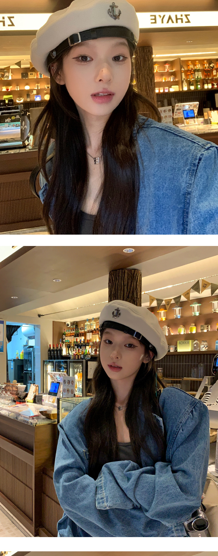 Zwarte baret Dames Herfst en Winter Knop Display Gezicht Flat Top Artist Hat Mode Net Rood ins_voghion.com