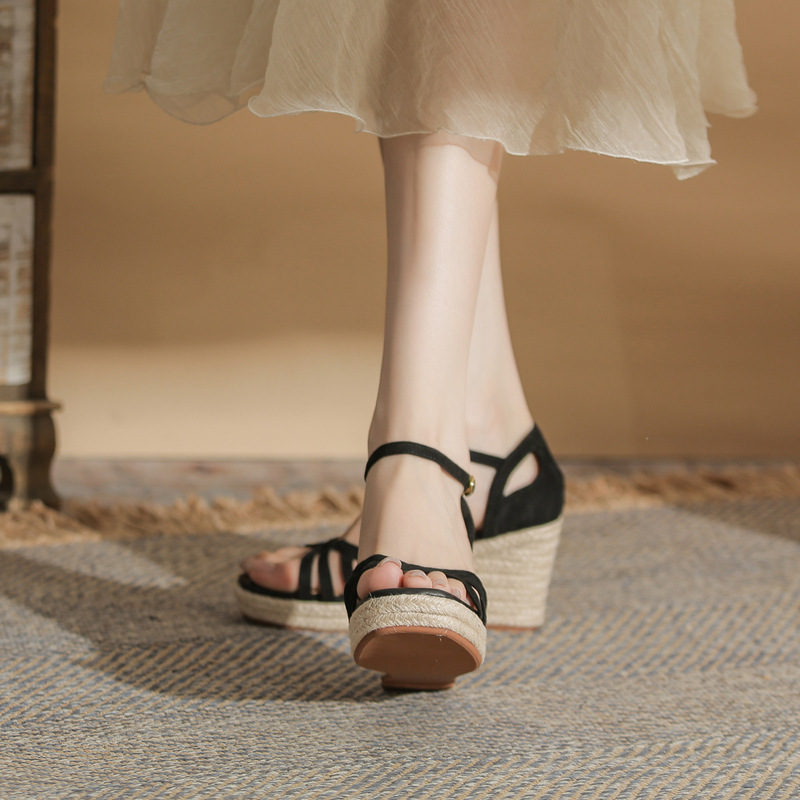 Sandal cao gót nữ hở mũi đế xuồng bọc dây thừng gót 9 cm — màu đen