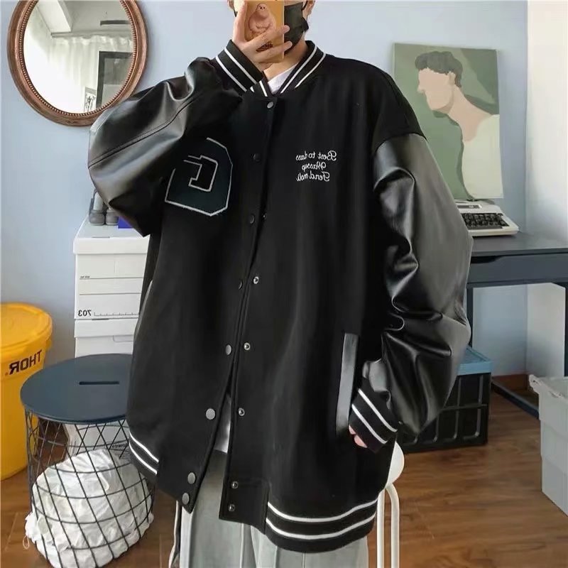 American fashion brand PU leather stitching baseball cotton-padded jacket men's and women's autumn and winter street hip hop loose retro couple thickened coat