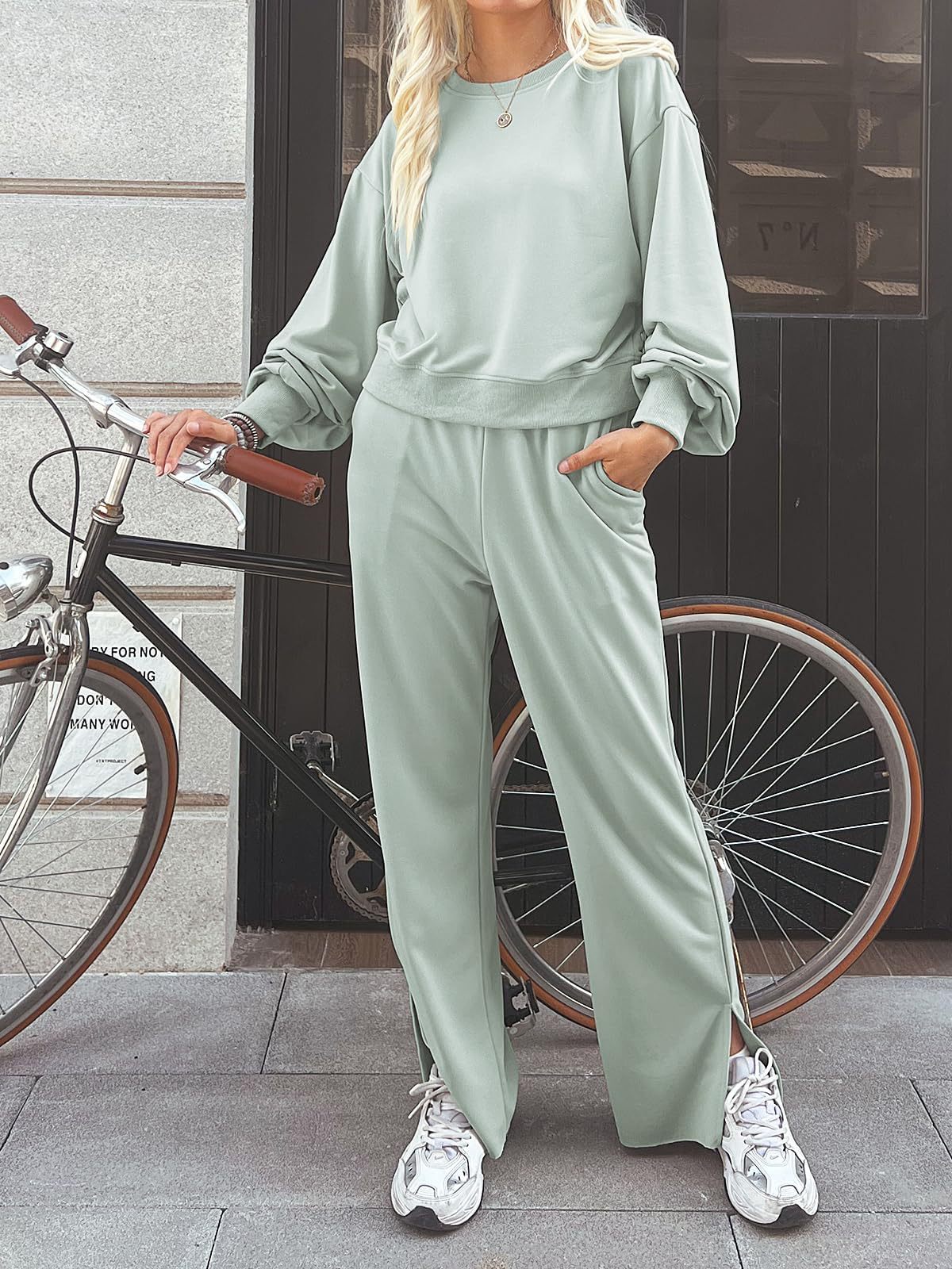 Conjunto Deportivo con Cuello Redondo Set de 2 Piezas de Poliéster de Manga Larga