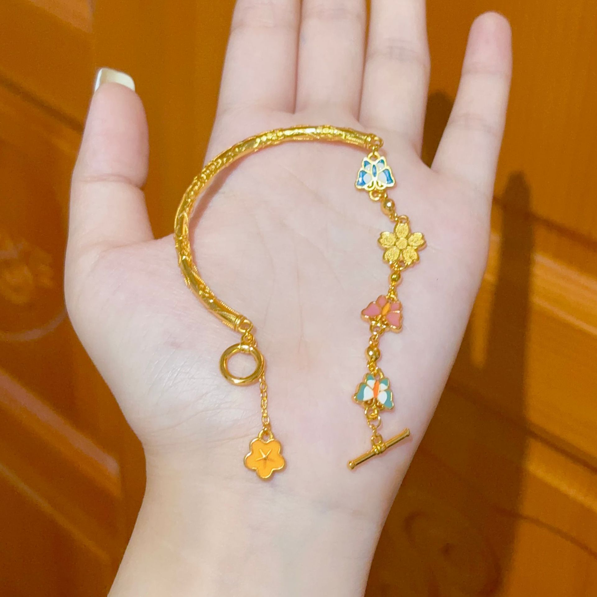 Pulsera de media mariposa de melocotón azul con esmalte del mismo estilo de la tienda de oro, pulsera femenina de estilo retro palacio con nicho de hadas_voghion.com