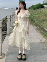 法式森系白色雪紡長裙別致小眾溫柔風夏季小個子泡泡袖連衣裙女生
