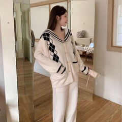 秋冬款加厚软绵绵半边绒睡衣女士简约开衫小香风羽毛纱家居服