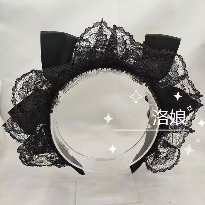 Lolita girl headband with lace bow, ruffled edges, wide toothed headband, ruffled three-dimensional organza