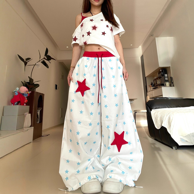American High Street Style Three-Dimensional Star Print White Casual Pants for Women, Summer Loose Fit Versatile Drapey Street Dance Wide-Leg Long Pants American High Street Style Three-Dimensional Star Print White Casual Pants for Women, Summer Loose Fit Versatile Drapey Street Dance Wide-Leg Long Pants