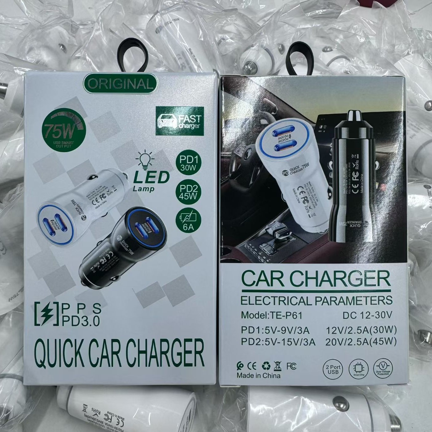 Dual-Port Pd Car Charger Fast Charging 75W Car Mobile Phone Charging Head Type C Smart Pd Car Charger Fast Charging One