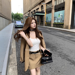 西装套装女秋装小个子豹纹拼接卡其色小西服外套高腰a字半身短裙