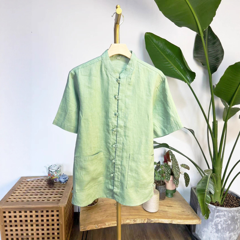 2025 New Linen Shirt, Short-Sleeved Stand-Up Collar Button-Down Men's Clothing, Summer Breathable Casual Shirt H005