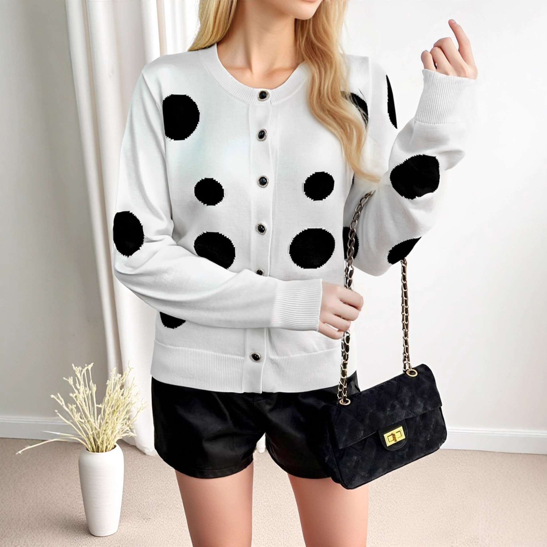 跨境欧美2025秋冬新款时尚百搭圆点针织开衫休闲宽松圆领女士毛衣