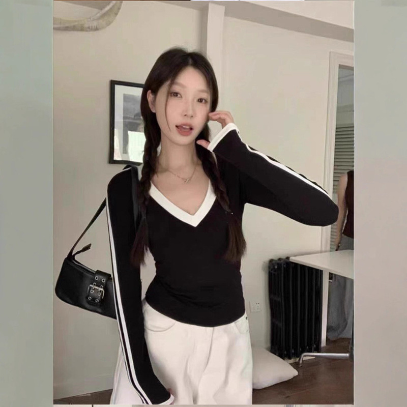 三叶草条纹长袖T恤深V领修身显瘦春秋季上衣套头衫外穿打底衫女|undefined