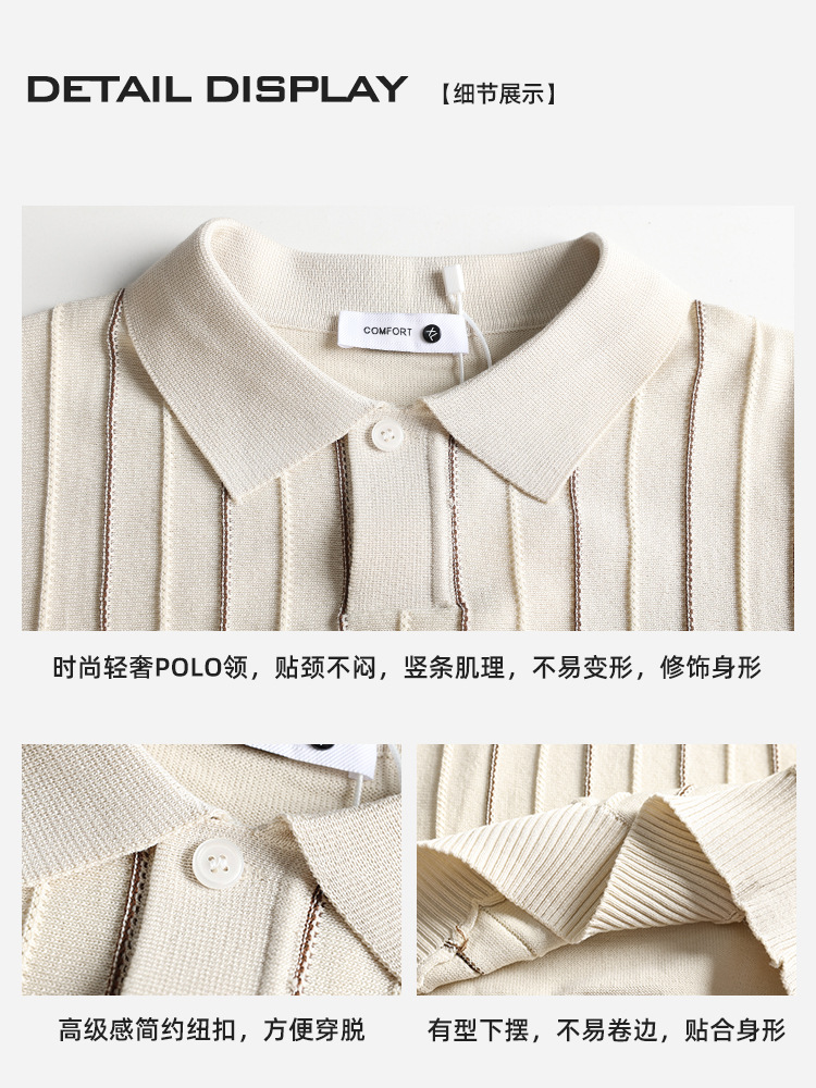 Polo de seda de hielo de hombre, camiseta de alto nivel, camiseta de negocios, camiseta de polo, tela de rayas, camiseta de punto de manga corta para hombres
