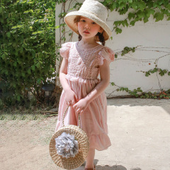2024夏款草莓珊韓國童裝女童兒童蕾絲系帶蝴蝶結連衣裙