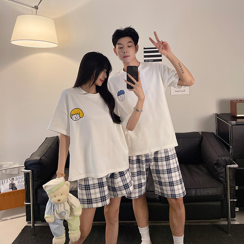 Pajamas Couple Outfit, One Man and One Woman, Summer Thin Short-Sleeved Japanese Style and K-Style, Simple Wearable Home Clothes 2 Sets