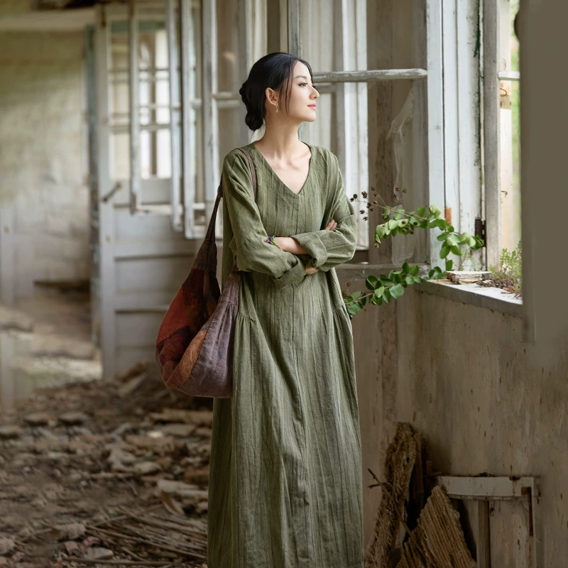 Новое женское платье в китайском стиле из рами и хлопка с эффектом тай-дай, осень-зима 2025, для дома и путешествий, художественный стиль